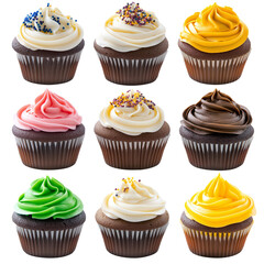 Delicious various cup cakes set isolated on white background. Collection of different flavors of muffins, collection set. closeup of cup cakes.