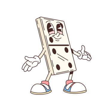 Naklejki Groovy dominoes character. Casino gambling and board games cheerful funky personage. Domino tile hippie 60s mascot, isolated groovy vector cute character smiling and standing with spread out hands