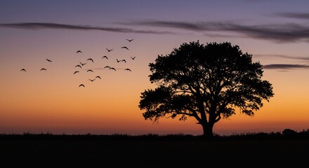 Sunset tree silhouette with birds flying scenic landscape nature photography wallpaper image stock