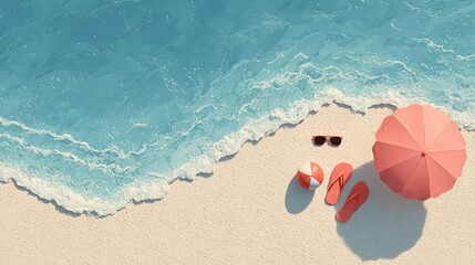 Obraz premium 3D Render Top View Beach Scene, Sunglasses and Flip-Flops on Sand Next to Umbrella, Sea Waves in Background, Pastel Summer Vacation Concept
