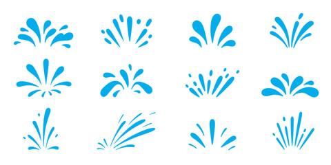 Water splash burst vector set depicts fluid dynamic splashing, droplets and ripples in motion. Isolated blue liquid splatters, aqua or water splashes and swirls for animation and visual effects