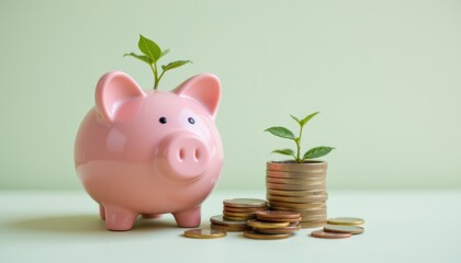Piggy Bank Surrounded by Stacked Coins and Green Sprouts Representing Financial Growth and Savings