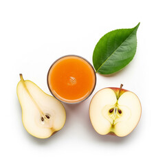Freshly squeezed apple and pear juice served with sliced fruits on a white background