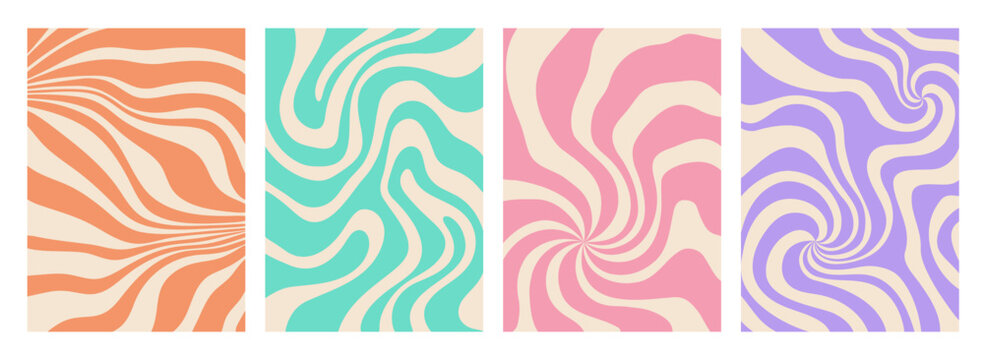 Psychedelic twisted groovy hippie patterns. Vector set of abstract vibrant wavy and distorted optical illusions in retro color palettes. Warped striped and checkered backgrounds for vintage posters
