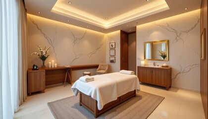 Calming Spa Interior with Massage Table, Soft Lighting and Elegant Wooden Accents