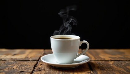 Cup of Freshly Brewed Coffee with Steam Rising on a Rustic Wooden Table