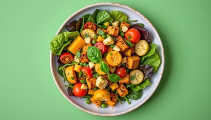 Colorful Salad with Fresh Vegetables and Ingredients on a White Plate Against a Green Background