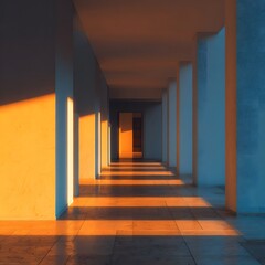 Fototapeta premium Serene corridor with warm sunlight casting long shadows on smooth marble floor, evoking tranquility