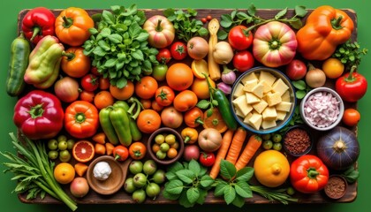 Colorful Arrangement of Fresh Vegetables and Fruits Displayed on a Wooden Table Top