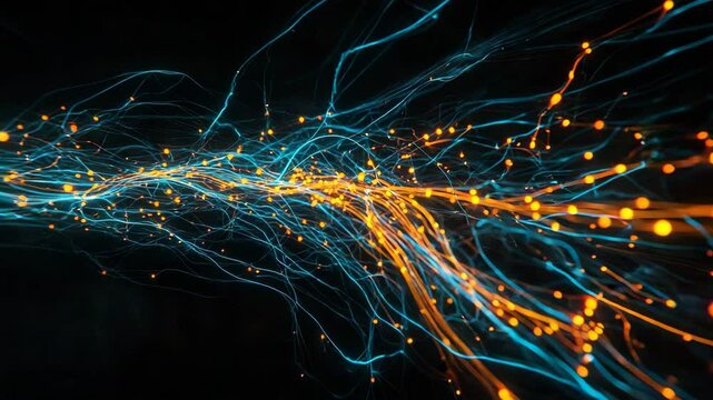 Nature conservation concept. Glowing blue and orange lines intertwine on a dark background, resembling neural pathways or abstract energy streams. Selective focus.