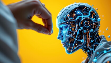 Hand Interacting with a Futuristic Robotic Head Featuring LED Lights and Digital Circuits