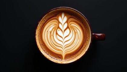 Close-Up of a Beautifully Crafted Latte Art in a Dark Ceramic Cup on a Black Tabletop