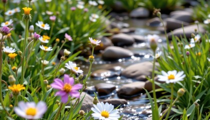 Vibrant Wildflowers Along a Sparkling Stream in a Lush Green Meadow Under Bright Sunlight