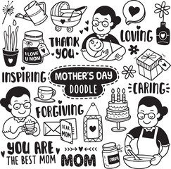 mother’s day doodle vector, hand drawn mom quote set, black and white love and gratitude icons, cute celebration illustration

