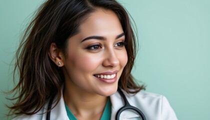Portrait of a Smiling Female Doctor in Professional Attire with Stethoscope Against a Green Background