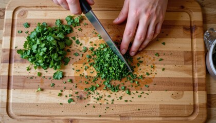 Hands Chopping Fresh Cilantro on a Wooden Cutting Board in a Cozy Kitchen Environment