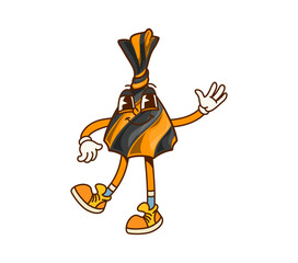 Cartoon groovy Halloween truffle sweet candy character. Vector funny pastry retro personage with striped black and orange wrapper and hippie sneakers. Smiling patisserie, funny dessert for kids party