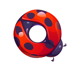 Ladybug cartoon font letter Q. Cute ladybird typeset element, spring insect vector kids ABC font sign. Garden ladybug beetle cartoon typeface symbol or English alphabet type letter