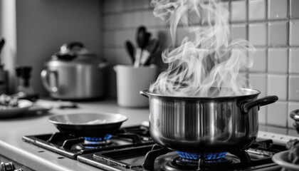 Steam Rising From a Pot on a Gas Stove in a Modern Kitchen with Cooking Utensils