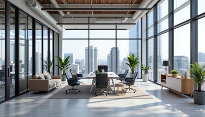 Modern Open Office Space with City View and Abundant Natural Light in a High-Rise Building
