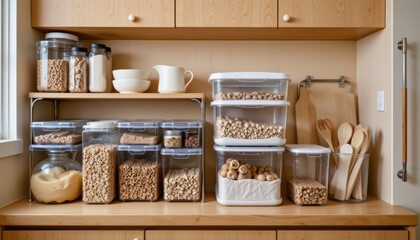Neatly Organized Kitchen Pantry with Clear Storage Containers Filled with Varied Ingredients