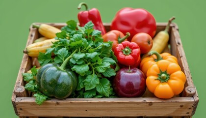 Assorted Fresh Organic Vegetables in a Wooden Basket on a Vibrant Green Background