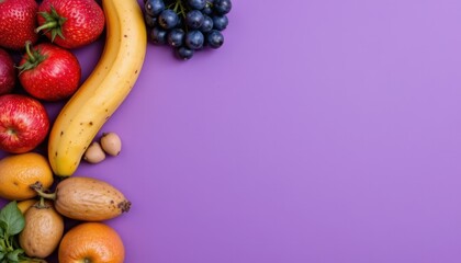 Assorted Fresh Fruits Including Bananas, Grapes, and Strawberries on a Purple Background
