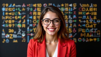 Smiling Young Woman in Glasses Wearing a Red Blazer with Colorful Icons in Background