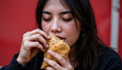 Young Woman Enjoying Warm Snack While Taking a Bite in an Urban Setting with Vibrant Background
