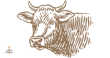 Cow head, bull, beef. Retro style beef bull head sketch, vintage cow drawing black white, old ink pencil artwork. Bull silhouette, side view cow head profile, engraved beef print. Vector Illustration