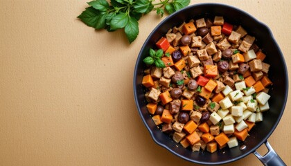 Colorful Vegetable And Cheese Medley Sautéed In A Pan On A Cork Background With Fresh Herbs