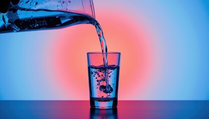 Pouring Water Into a Clear Glass Against a Gradient Background of Blue and Red Lighting