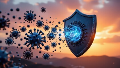 Digital Shield Representing Protection Against Virus Particles at Sunset in a Science Concept