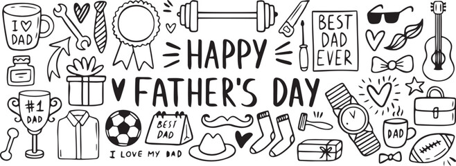 father’s day doodle vector, hand drawn typography set, happy dad celebration sketch, black and white greeting illustration, love papa icons

