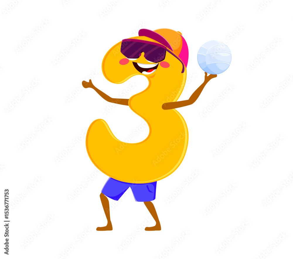 Poster cartoon math number and digit three character on summer vacation. cheerful 3 numeral dives and spike