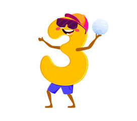Cartoon math number and digit three character on summer vacation. cheerful 3 numeral dives and spikes at the beach volleyball. Isolated vector educational numeric bringing fun twist to sunny holidays