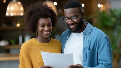 Young couple reviewing floor plan with curiosity and hope