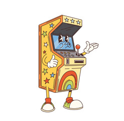 Groovy casino slot machine character. Las Vegas casino gambling and money betting game, one armed bandit slot machine funky vector personage. Retro arcade tabletop cabinet with joystick and coin slot