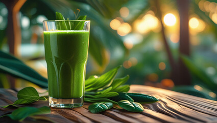 Healthy Lifestyle Concept with Green Smoothie and Tropical Background

