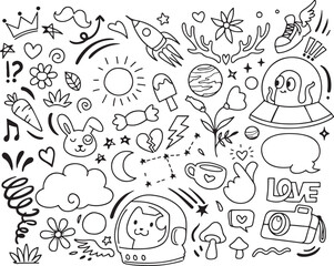 weather nature doodle vector, hand drawn clouds rain sun sketch, black and white elements, climate symbols illustration, sky pattern design

