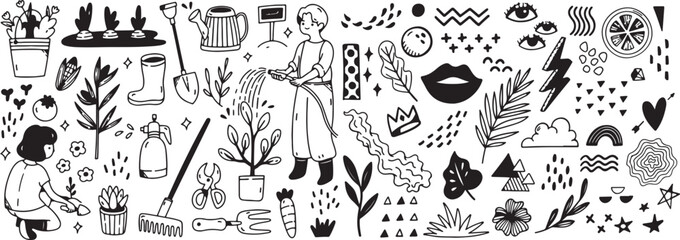 gardening doodle vector, farming tools and plant sketch, black and white garden work icons, hand drawn agriculture and soil illustration

