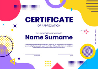 Modern certificate and diploma template with geometric Memphis background and abstract shapes. Vector vibrant hipster trendy appreciation frame layout with dynamic elements and text placeholders