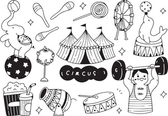 circus doodle illustration, black and white tent and performer vector, juggling clown sketch, carnival and showtime hand drawn elements   © Geetaroy