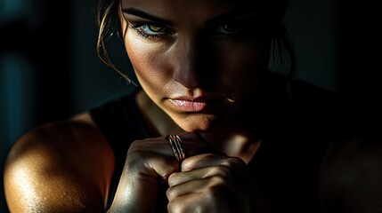 A fit woman in a sports bra hangs from gymnastic rings in a dimly lit training space.