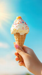 hand holding ice cream cone on sky background