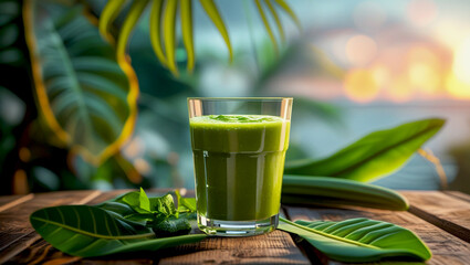 Tropical Wellness Scene with Green Smoothie and Vibrant Foliage

