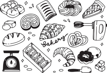 bakery doodle vector set, hand drawn bread croissant pastry sketch, black and white baking clipart, bakery shop illustration, dessert drawing

