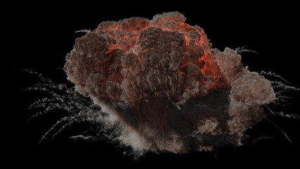 Isolated large fiery explosion with a central intense red and orange glow surrounded by billowing smoke and smoke trails on a black background