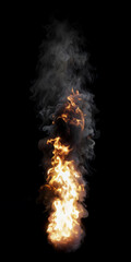 Isolated thin and tall Fire with Smoke burning like a torch on a black background