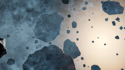 Outer space with a cluster of asteroids of varying sizes surrounded by a smoky atmosphere with a gradient background transitioning from dark to light